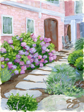 Load image into Gallery viewer, Pink beach house with hydrangea and stone path - 9 x 12
