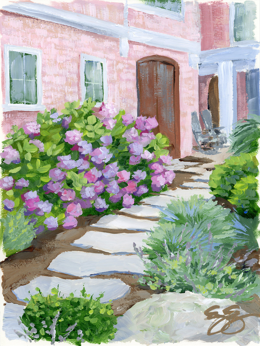 Pink beach house with hydrangea and stone path - 9 x 12