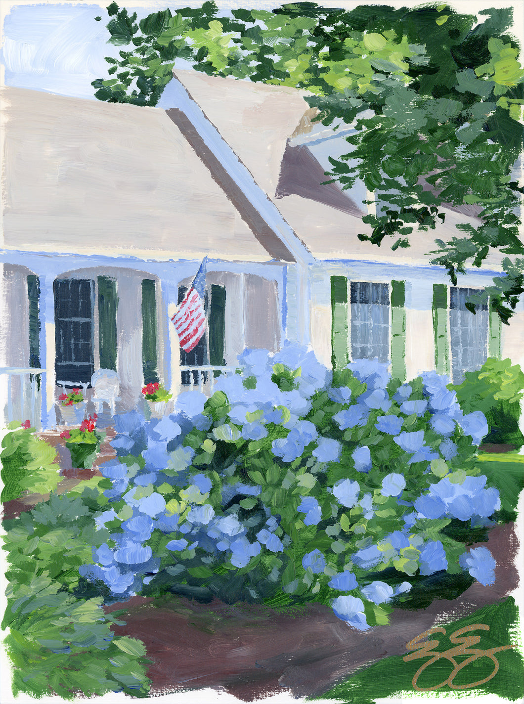 No. 417 Cape house with blue hydrangea, a fine art print on paper