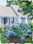 No. 417 Cape house with blue hydrangea, a fine art print on paper