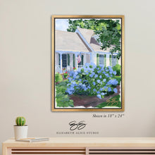 Load image into Gallery viewer, No. 417 Cape house with blue hydrangea canvas wrap, available framed
