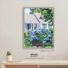 Load image into Gallery viewer, No. 417 Cape house with blue hydrangea canvas wrap, available framed
