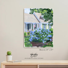 Load image into Gallery viewer, No. 417 Cape house with blue hydrangea canvas wrap, available framed
