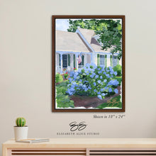 Load image into Gallery viewer, No. 417 Cape house with blue hydrangea canvas wrap, available framed
