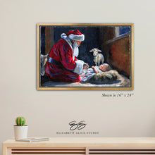 Load image into Gallery viewer, No. 419 Santa kneeling before Baby Jesus canvas wrap, available framed
