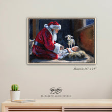 Load image into Gallery viewer, No. 419 Santa kneeling before Baby Jesus canvas wrap, available framed
