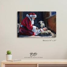 Load image into Gallery viewer, No. 419 Santa kneeling before Baby Jesus canvas wrap, available framed
