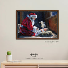 Load image into Gallery viewer, No. 419 Santa kneeling before Baby Jesus canvas wrap, available framed
