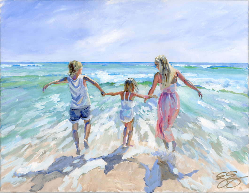 Original painting of mother and two children in the ocean - 18 x 24