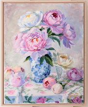 Load image into Gallery viewer, No. 463 - 16 x 20 original painting of peonies in blue and white vase with floral tablecloth
