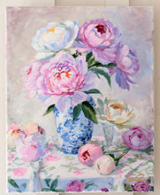 Load image into Gallery viewer, No. 463 - 16 x 20 original painting of peonies in blue and white vase with floral tablecloth

