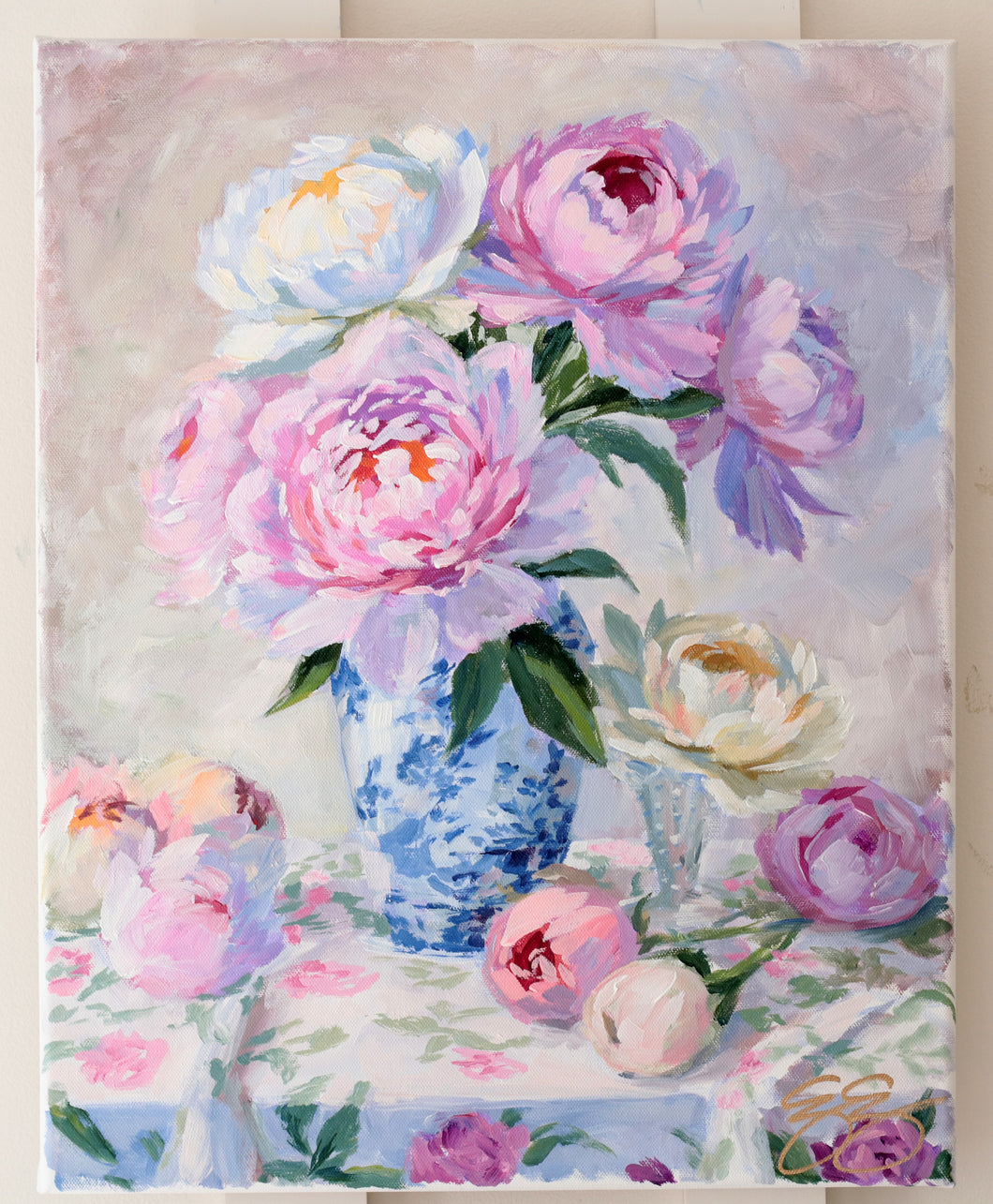 No. 463 - 16 x 20 original painting of peonies in blue and white vase with floral tablecloth