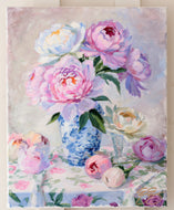 No. 463 - 16 x 20 original painting of peonies in blue and white vase with floral tablecloth