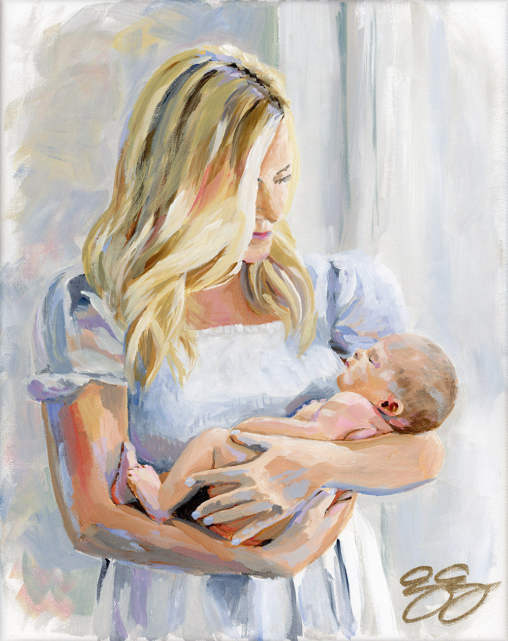Original painting of mother and newborn in white - 11 x 14