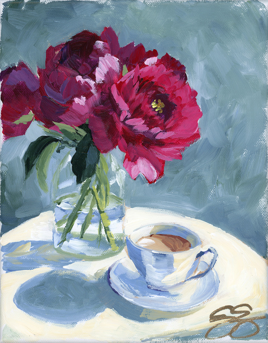 No. 470 Red peonies and cappuccino, a fine art print on paper