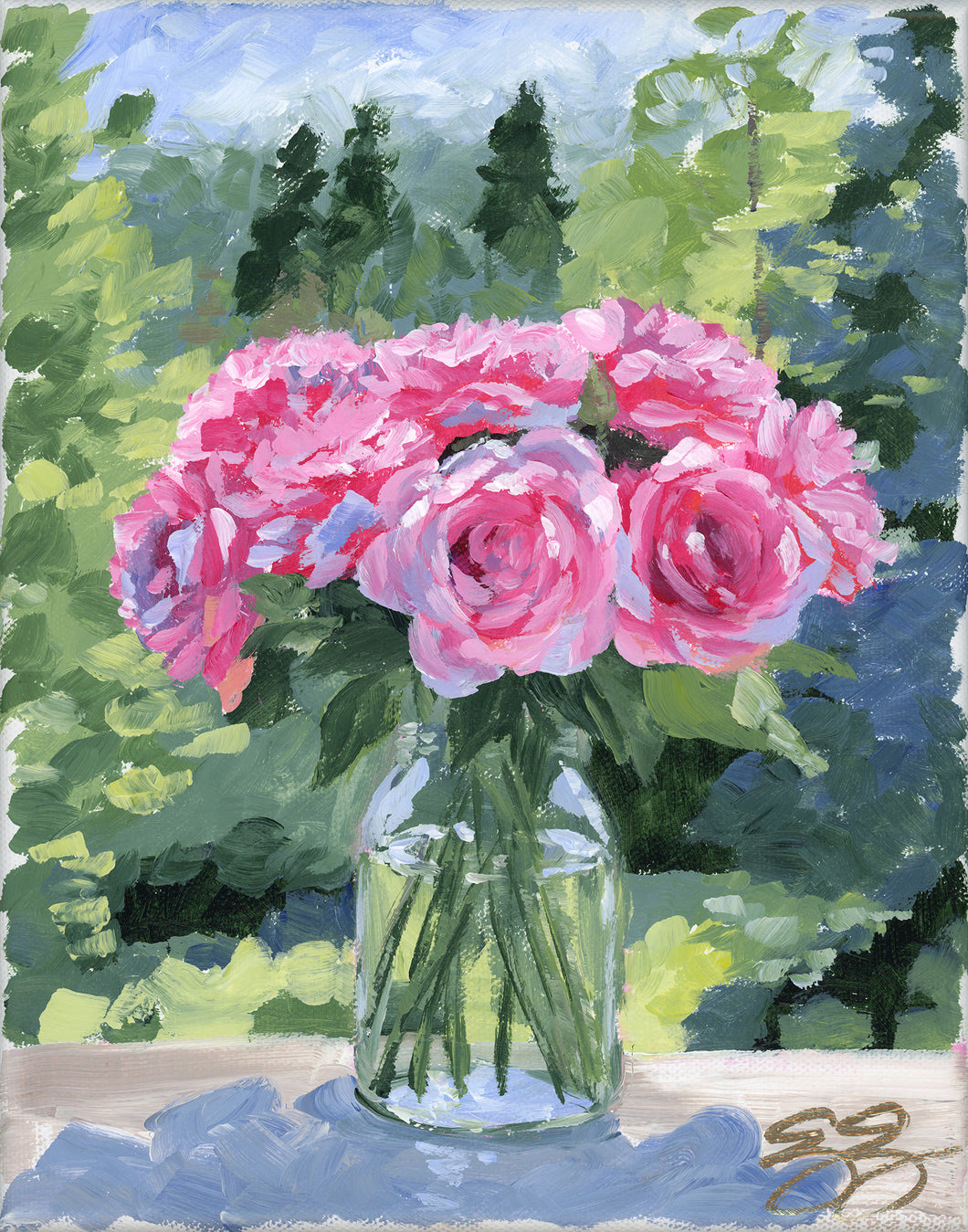 No. 471 Pink roses with forest view, a fine art print on paper