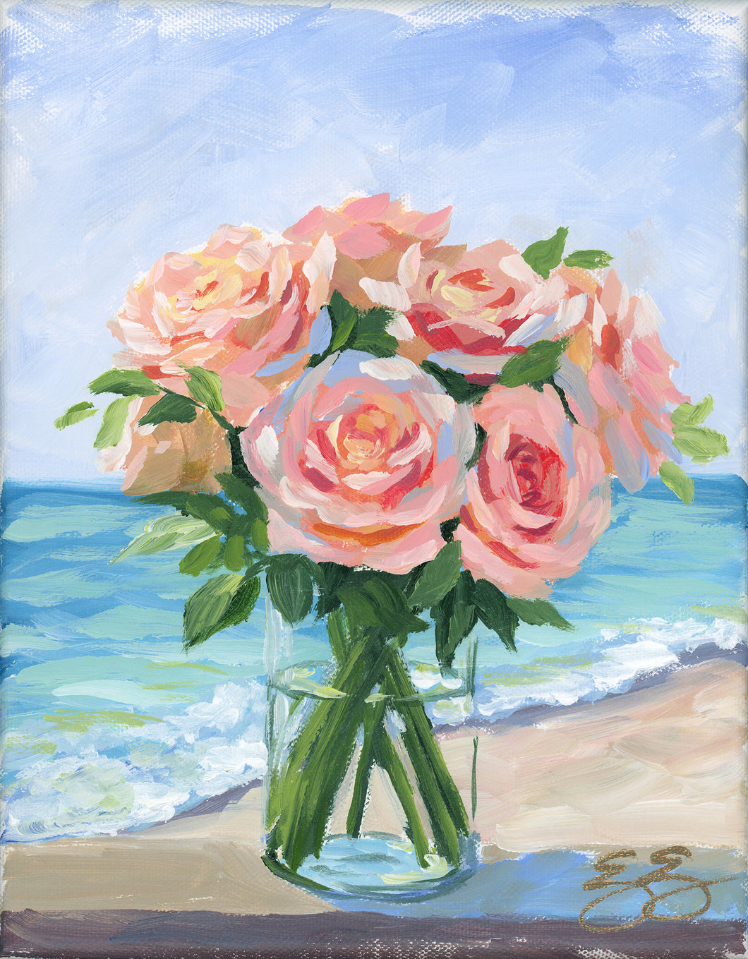 No. 474 Peach roses at the beach, a fine art print on paper