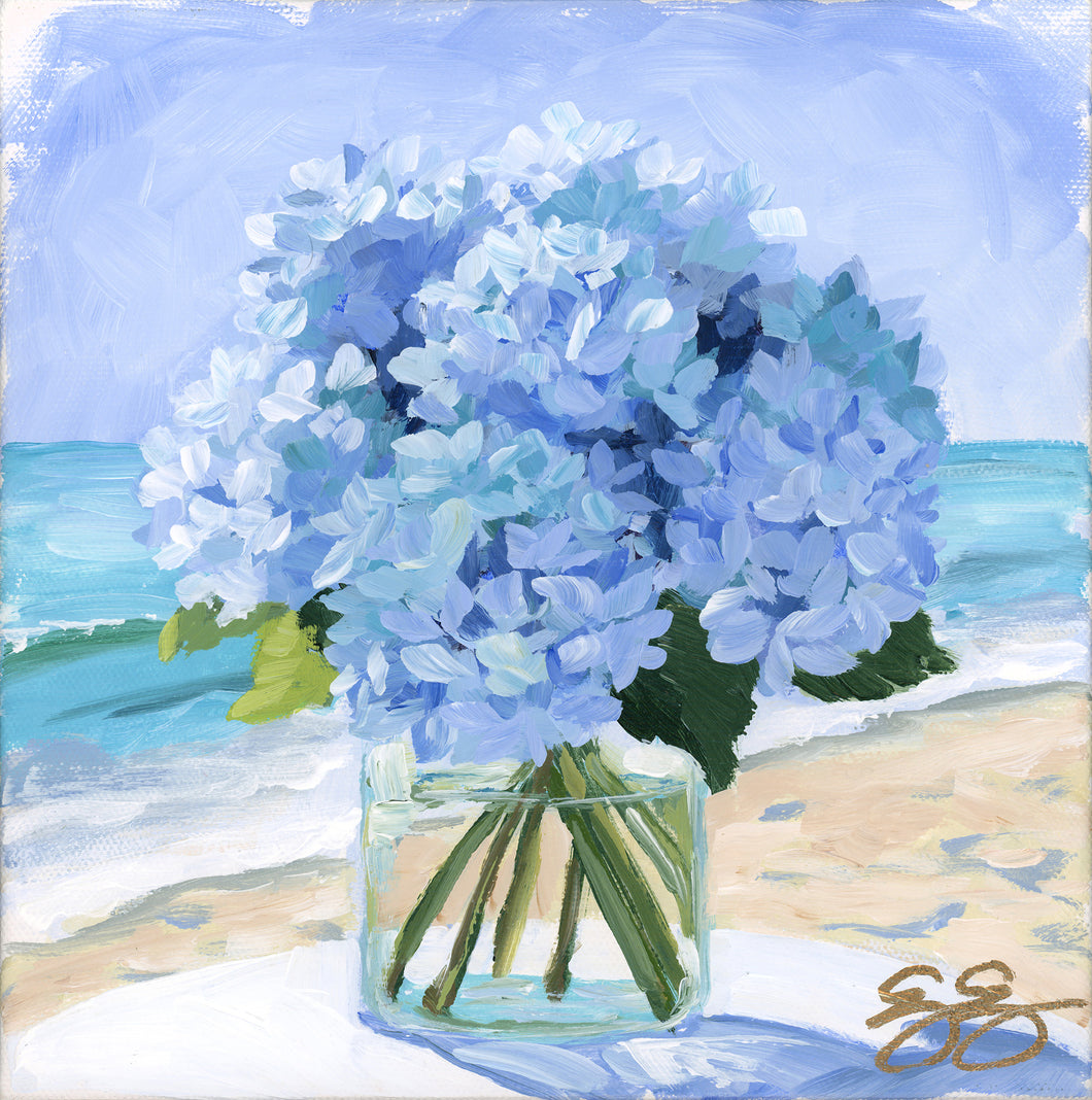 No. 478 Blue hydrangeas at the beach, a fine art print on paper