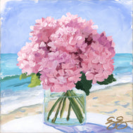 No. 478 Pink hydrangeas at the beach, a fine art print on paper