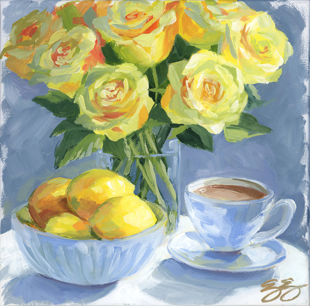 No. 479 Lemons and yellow roses, a fine art print on paper