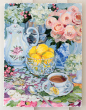 Load image into Gallery viewer, Lemon Tea No. 3 - 18 x 24 original painting of vintage tea set, flowers, and lemons
