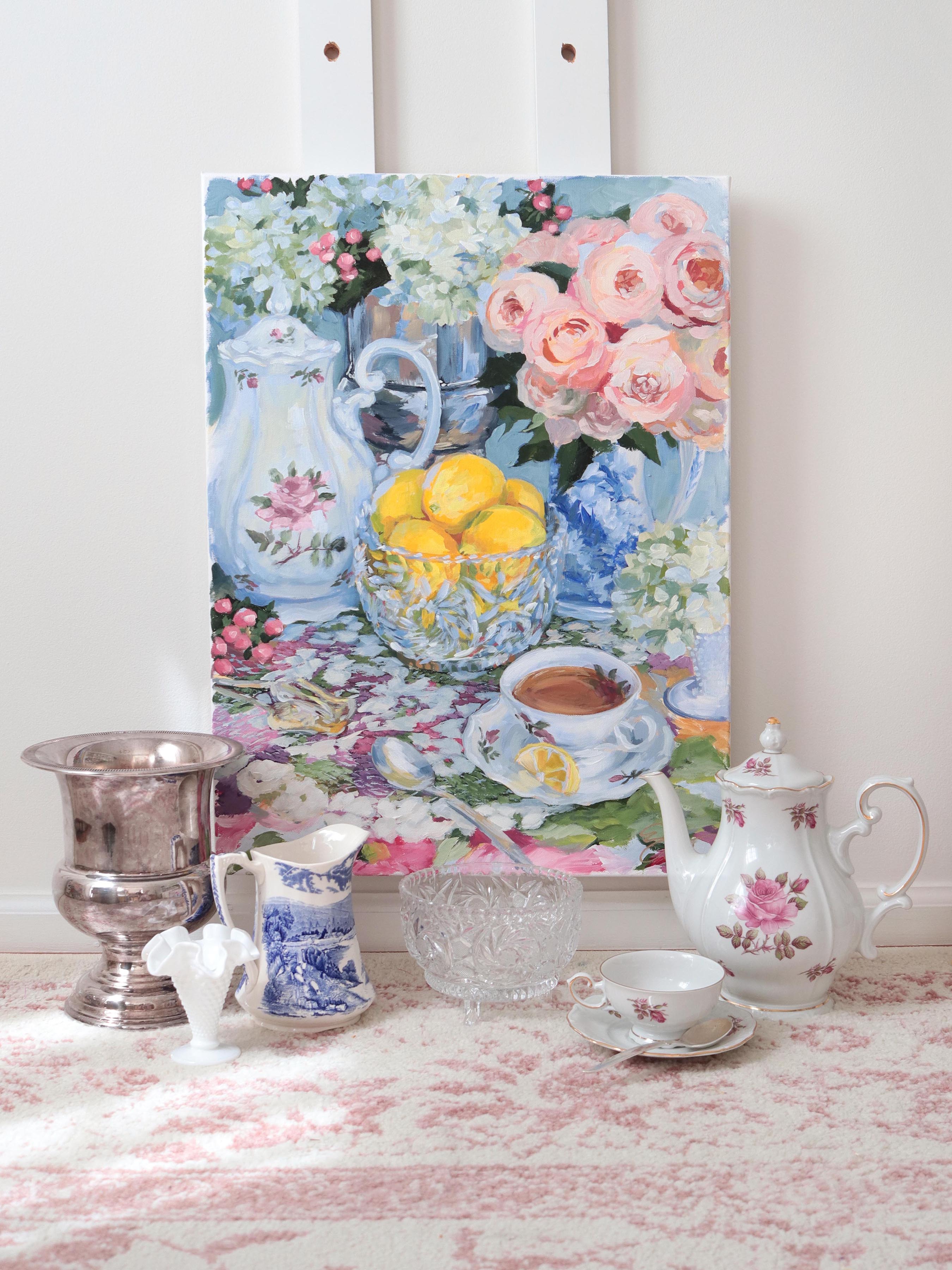 Lemon Tea No. 3 - 18 x 24 original painting of vintage tea set, flower ...