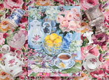 Load image into Gallery viewer, Lemon Tea No. 3 - 18 x 24 original painting of vintage tea set, flowers, and lemons
