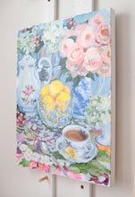 Load image into Gallery viewer, Lemon Tea No. 3 - 18 x 24 original painting of vintage tea set, flowers, and lemons
