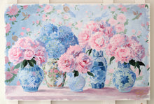 Load image into Gallery viewer, No. 481 - 24 x 36 original painting of five bouquets in chinoiserie vases
