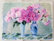 No. 482 - 18 x 24 original painting of pink peonies in vintage milk glass and blue and white vases