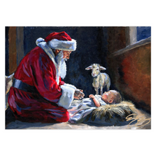 Load image into Gallery viewer, Santa kneeling before Baby Jesus, folded Christmas card
