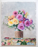 No. 486 Original floral painting of yellow and pink roses in cane vase - 16 x 20
