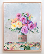 Load image into Gallery viewer, No. 486 Original floral painting of yellow and pink roses in cane vase - 16 x 20
