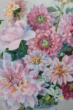 Load image into Gallery viewer, No. 487 Original floral painting of pink and red dahlias - 18 x 24
