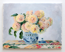 Load image into Gallery viewer, No. 488 Original floral painting of yellow dahlias in ginger jar - 11 x 14
