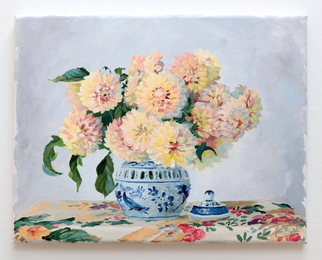 No. 488 Original floral painting of yellow dahlias in ginger jar - 11 x 14