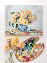Load image into Gallery viewer, No. 488 Original floral painting of yellow dahlias in ginger jar - 11 x 14

