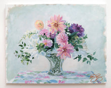 Load image into Gallery viewer, No. 491 Original floral painting of dahlias in crystal basket - 14 x 18
