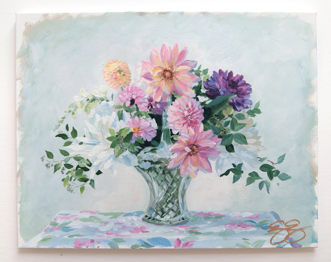 No. 491 Original floral painting of dahlias in crystal basket - 14 x 18