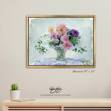 Load image into Gallery viewer, No. 491 Dahlia bouquet in crystal basket canvas wrap, available framed

