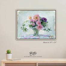 Load image into Gallery viewer, No. 491 Dahlia bouquet in crystal basket canvas wrap, available framed
