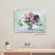 Load image into Gallery viewer, No. 491 Dahlia bouquet in crystal basket canvas wrap, available framed
