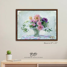 Load image into Gallery viewer, No. 491 Dahlia bouquet in crystal basket canvas wrap, available framed
