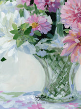 Load image into Gallery viewer, No. 491 Dahlia bouquet in crystal basket canvas wrap, available framed
