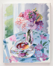 Load image into Gallery viewer, Tea and dahlias in pink vase (No. 499) - 8 x 10 acrylic painting on canvas
