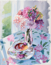 Load image into Gallery viewer, Tea and dahlias in pink vase (No. 499) - 8 x 10 acrylic painting on canvas
