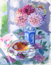 Load image into Gallery viewer, Tea and dahlias in blue and white vase (No. 500) - 8 x 10 acrylic painting on canvas
