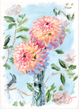 Load image into Gallery viewer, Best Buds: two peach dahlias in crystal vase (No. 503) - 5 x 7 acrylic painting on canvas
