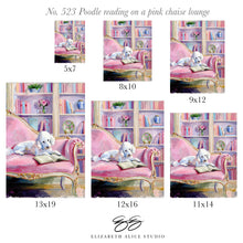 Load image into Gallery viewer, No. 523 Poodle reading on a pink chaise lounge, a fine art print on paper
