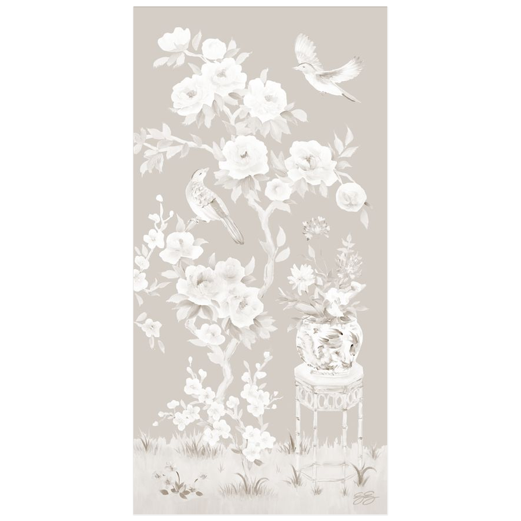 June, a tonal beige chinoiserie fine art print on paper with birds and peonies